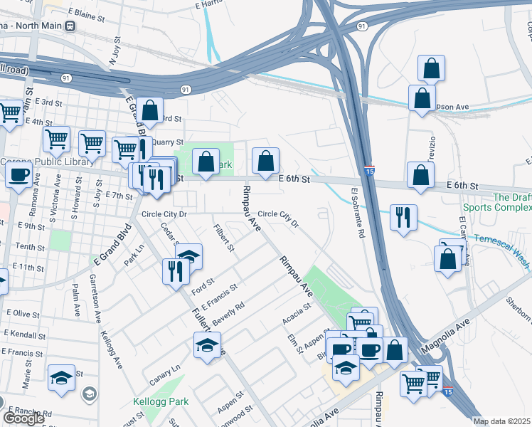 map of restaurants, bars, coffee shops, grocery stores, and more near 1109 Circle City Drive in Corona