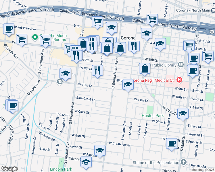map of restaurants, bars, coffee shops, grocery stores, and more near 913 West 10th Street in Corona