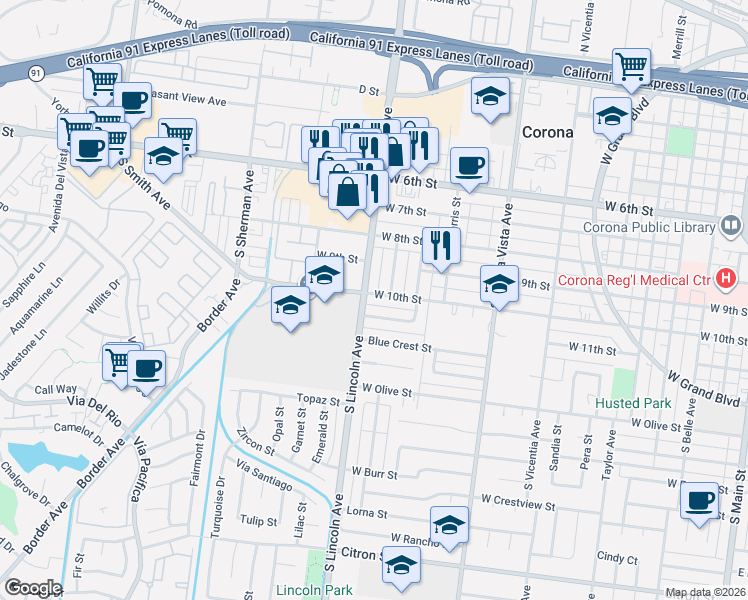 map of restaurants, bars, coffee shops, grocery stores, and more near 1068 West 10th Street in Corona