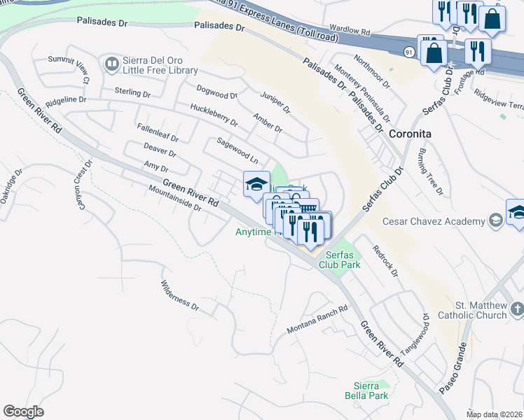 map of restaurants, bars, coffee shops, grocery stores, and more near 2800 Ridgeline Drive in Corona