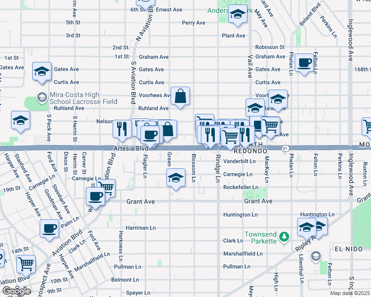 map of restaurants, bars, coffee shops, grocery stores, and more near 2017 Artesia Boulevard in Redondo Beach