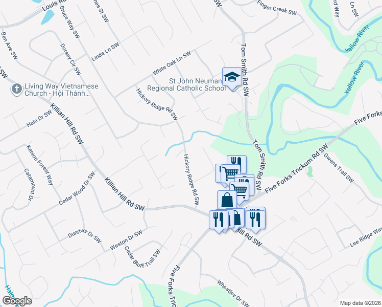 map of restaurants, bars, coffee shops, grocery stores, and more near 814 Hickory Ridge Road Southwest in Lilburn