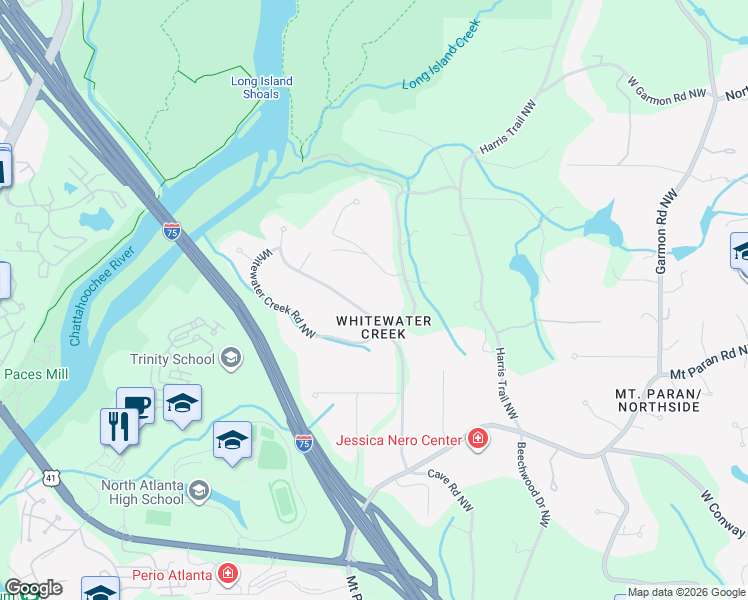 map of restaurants, bars, coffee shops, grocery stores, and more near 4393 Sentinel Post Road Northwest in Atlanta