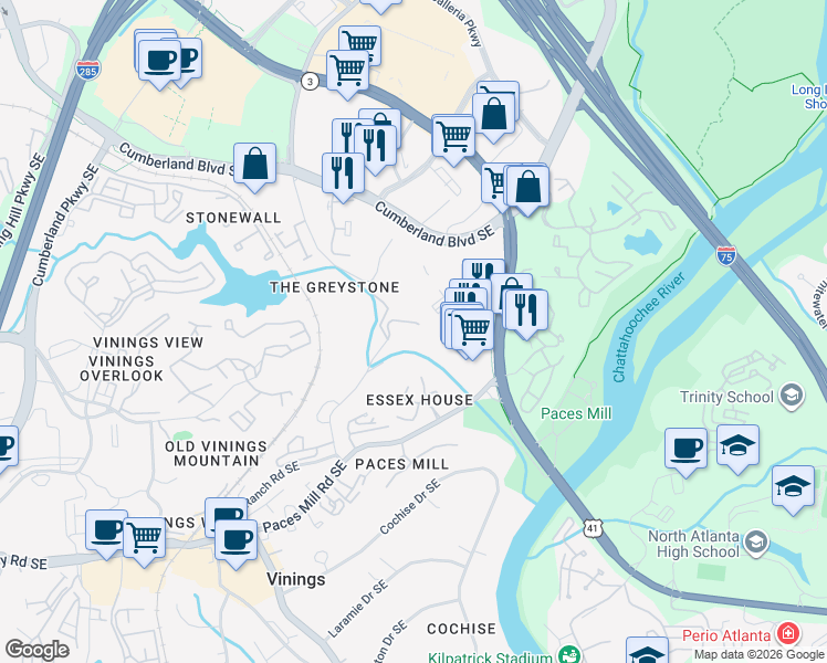 map of restaurants, bars, coffee shops, grocery stores, and more near 3275 Stillhouse Road Southeast in Atlanta