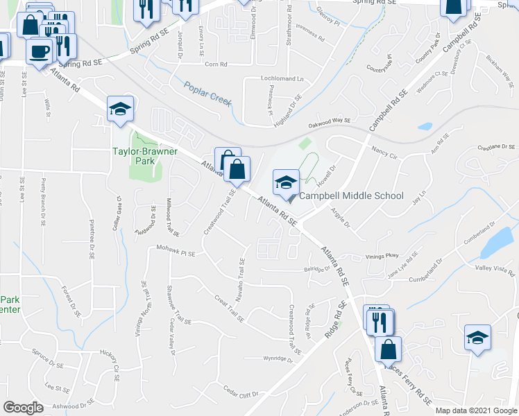 map of restaurants, bars, coffee shops, grocery stores, and more near 31 Villa Court Southeast in Smyrna