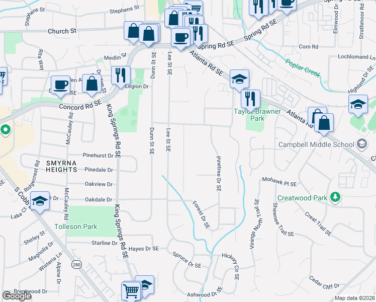 map of restaurants, bars, coffee shops, grocery stores, and more near 3341 Pretty Branch Drive Southeast in Smyrna
