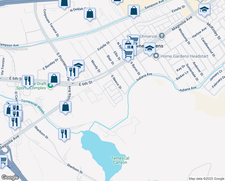 map of restaurants, bars, coffee shops, grocery stores, and more near 777 South Temescal Street in Corona