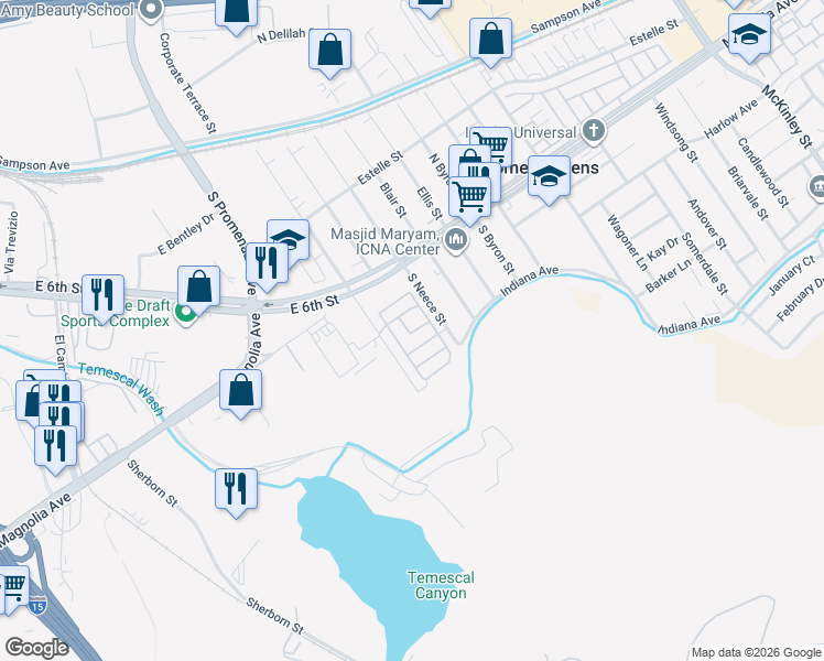 map of restaurants, bars, coffee shops, grocery stores, and more near 777 South Temescal Street in Corona