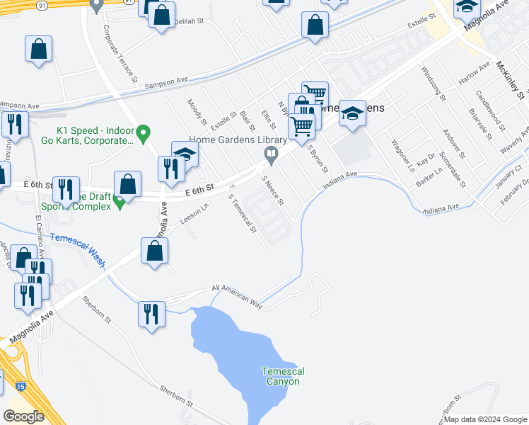 map of restaurants, bars, coffee shops, grocery stores, and more near 777 South Temescal Street in Corona