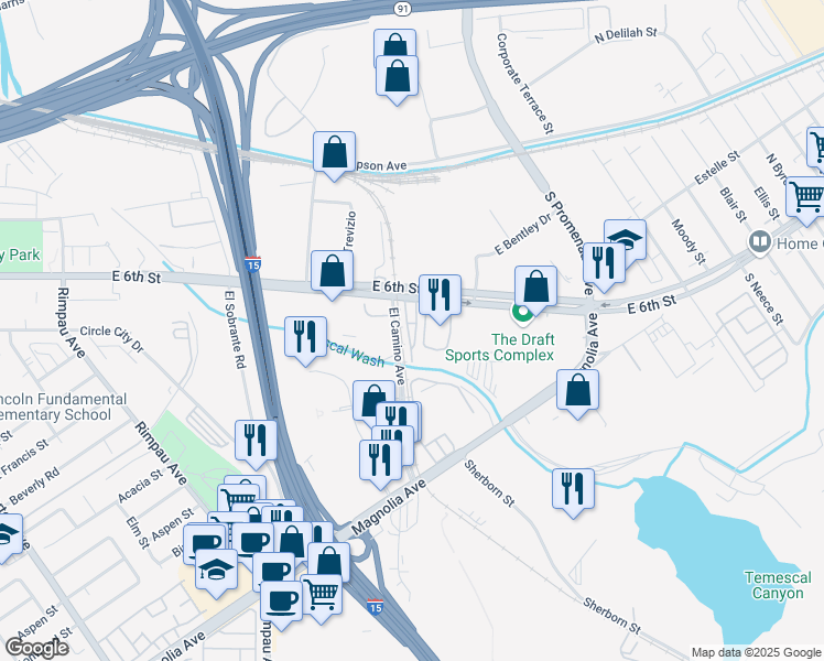 map of restaurants, bars, coffee shops, grocery stores, and more near in Corona