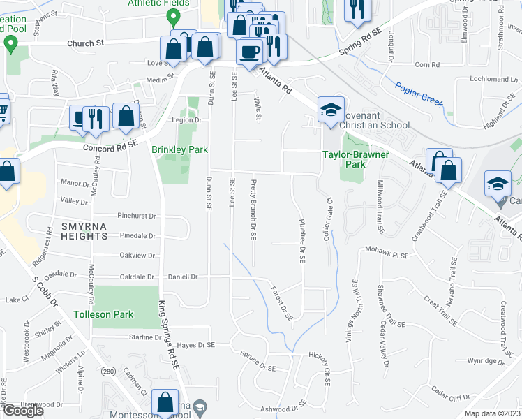 map of restaurants, bars, coffee shops, grocery stores, and more near 3341 Pretty Branch Drive Southeast in Smyrna