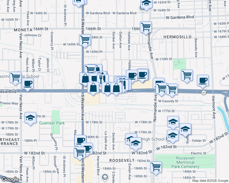 map of restaurants, bars, coffee shops, grocery stores, and more near 1602 Artesia Boulevard in Gardena