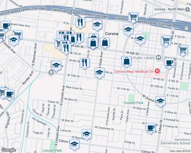 map of restaurants, bars, coffee shops, grocery stores, and more near 911 West 10th Street in Corona