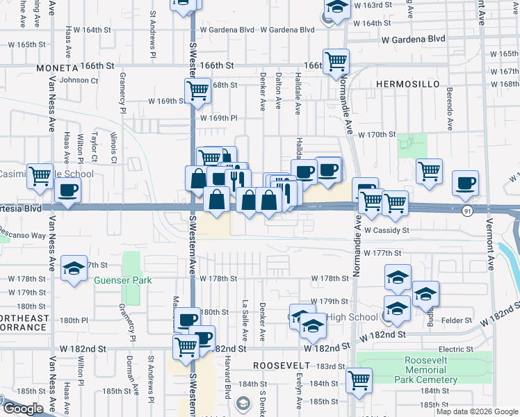 map of restaurants, bars, coffee shops, grocery stores, and more near 1608 Artesia Boulevard in Gardena