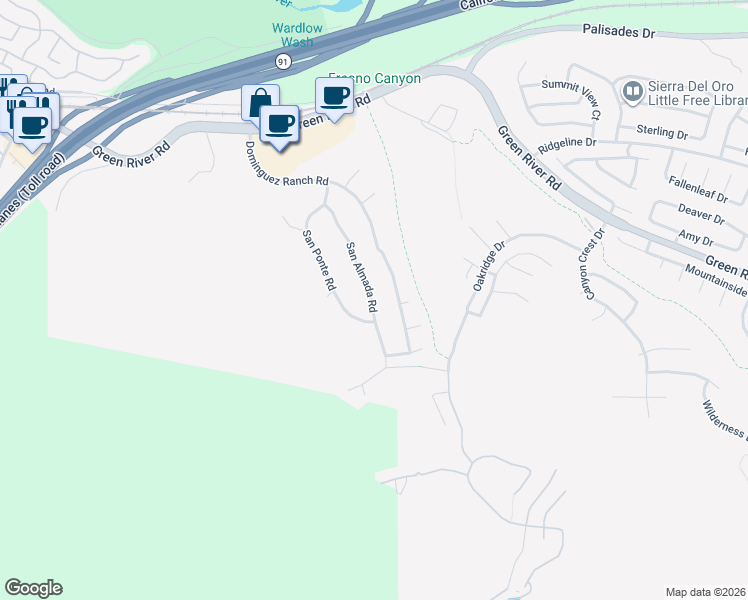 map of restaurants, bars, coffee shops, grocery stores, and more near 1441 San Ponte Road in Corona