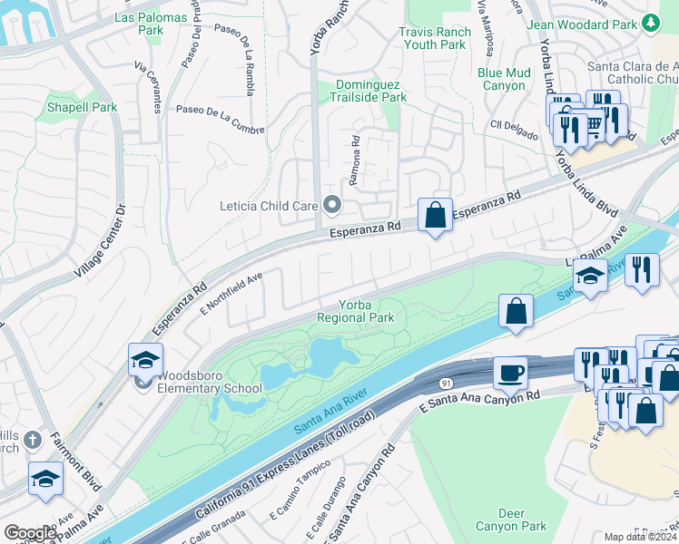 map of restaurants, bars, coffee shops, grocery stores, and more near 7880 East Samantha Circle in Anaheim
