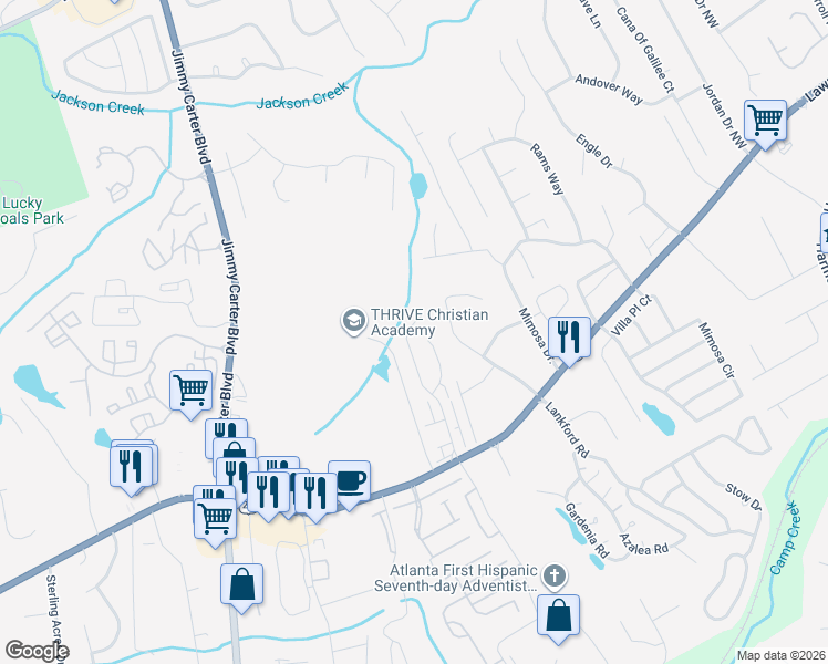 map of restaurants, bars, coffee shops, grocery stores, and more near 371 Braxton Place in Tucker