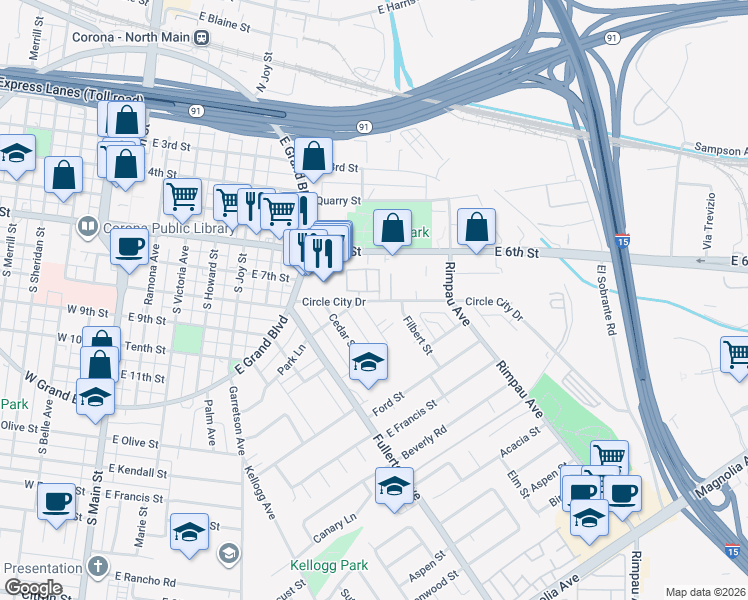 map of restaurants, bars, coffee shops, grocery stores, and more near in Corona