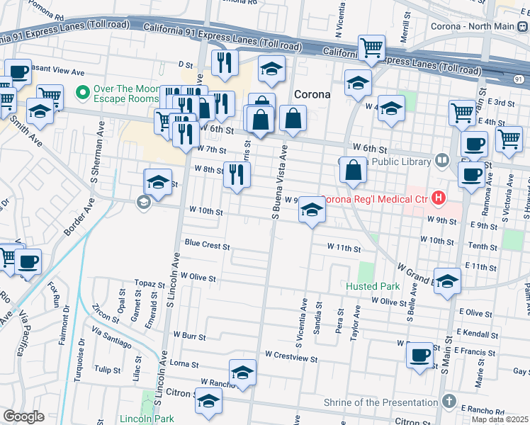 map of restaurants, bars, coffee shops, grocery stores, and more near 913 West 10th Street in Corona