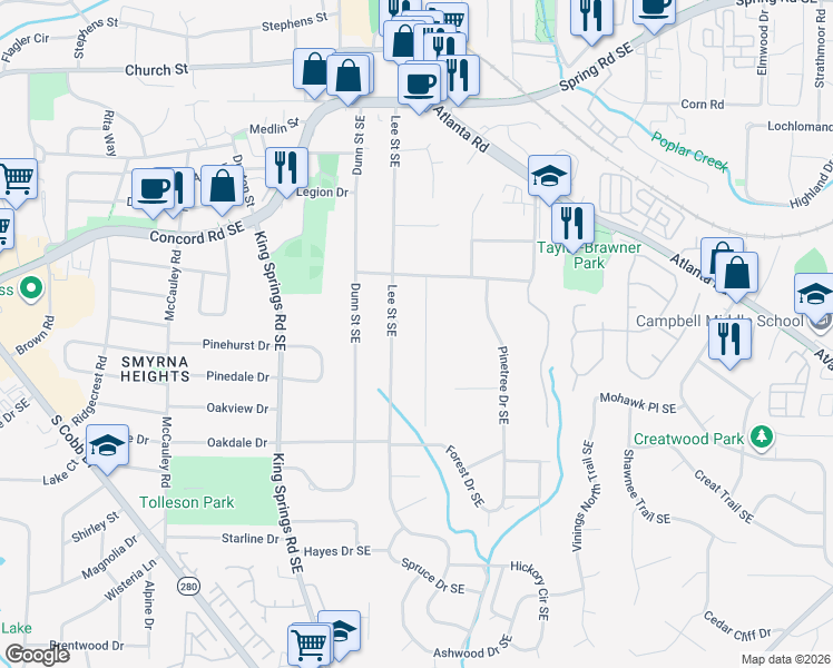 map of restaurants, bars, coffee shops, grocery stores, and more near 3342 Pretty Branch Drive Southeast in Smyrna