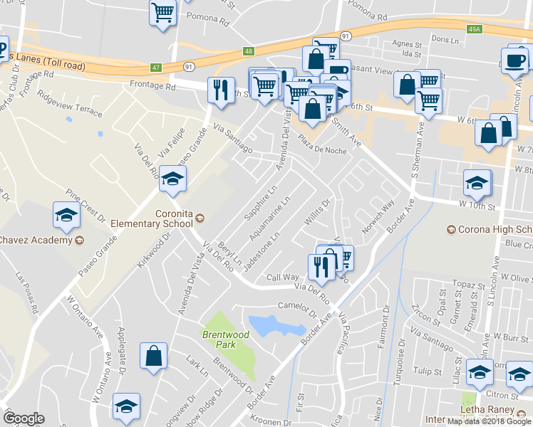 map of restaurants, bars, coffee shops, grocery stores, and more near 1046 Aquamarine Lane in Corona