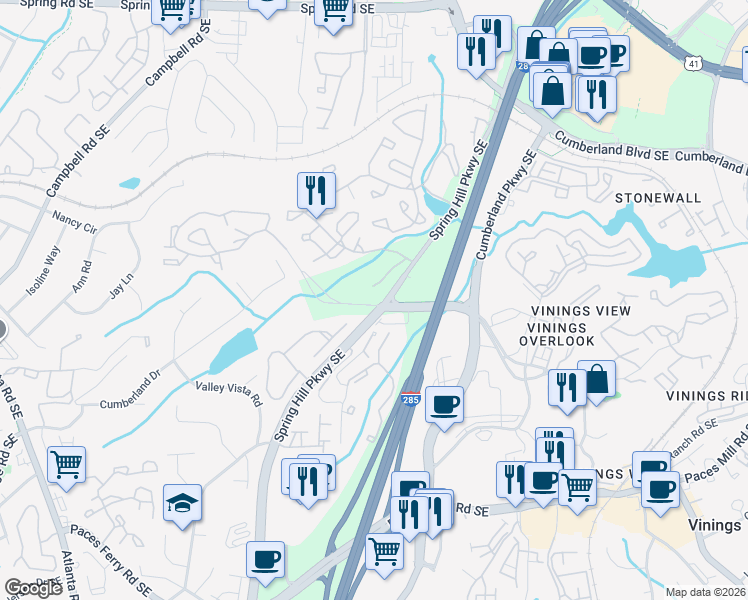 map of restaurants, bars, coffee shops, grocery stores, and more near 3200 Crestlane Drive Southeast in Smyrna