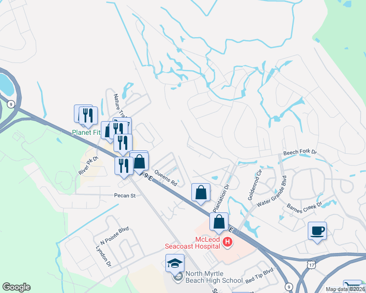 map of restaurants, bars, coffee shops, grocery stores, and more near 1095 Plantation Drive in Little River