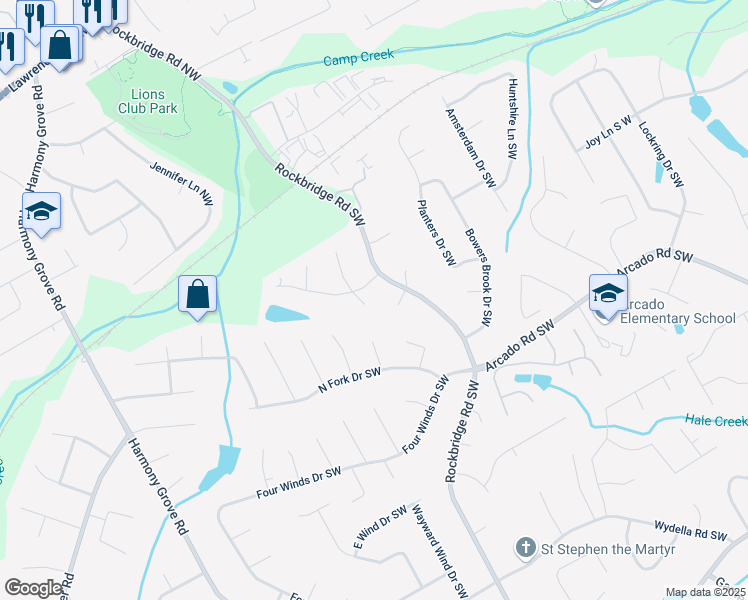 map of restaurants, bars, coffee shops, grocery stores, and more near 90 Fourche Place Southwest in Lilburn