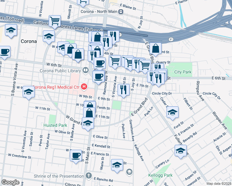 map of restaurants, bars, coffee shops, grocery stores, and more near 801 South Victoria Avenue in Corona