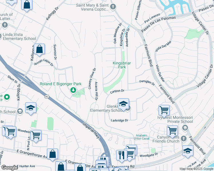 map of restaurants, bars, coffee shops, grocery stores, and more near 6086 Kingsbriar Drive in Yorba Linda