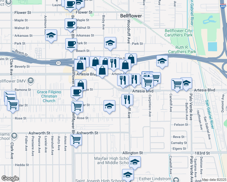 map of restaurants, bars, coffee shops, grocery stores, and more near 17612 Garden House Lane in Bellflower