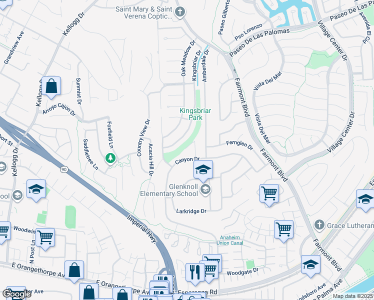 map of restaurants, bars, coffee shops, grocery stores, and more near 6105 Stonehurst Plaza in Yorba Linda