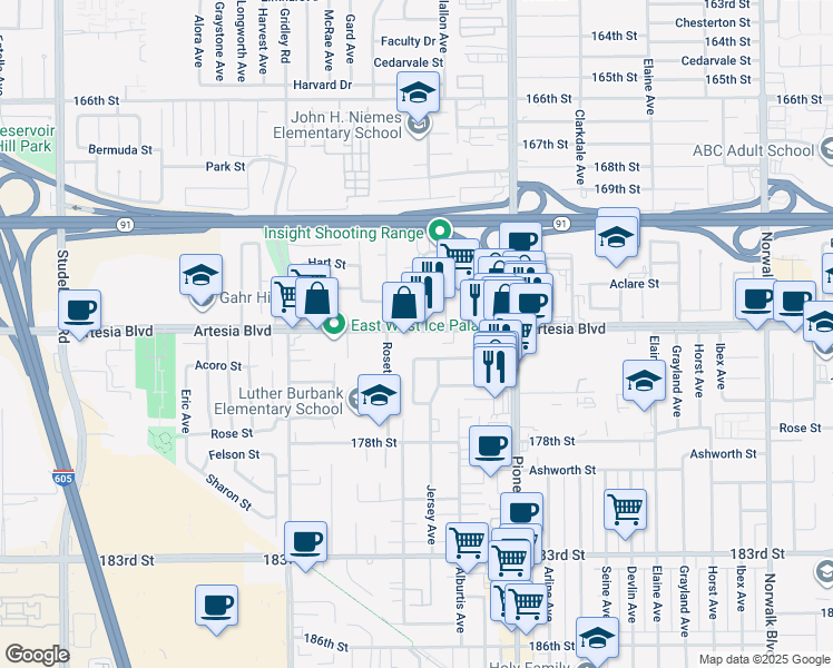 map of restaurants, bars, coffee shops, grocery stores, and more near 11632 Artesia Boulevard in Artesia