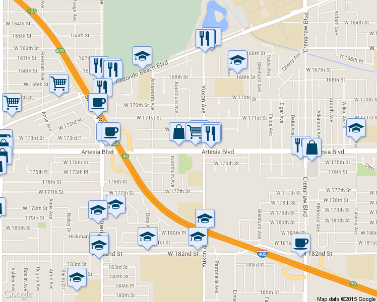map of restaurants, bars, coffee shops, grocery stores, and more near 3635 Artesia Boulevard in Torrance