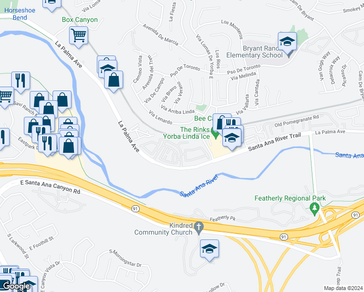 map of restaurants, bars, coffee shops, grocery stores, and more near 5804 Old Village Road in Yorba Linda