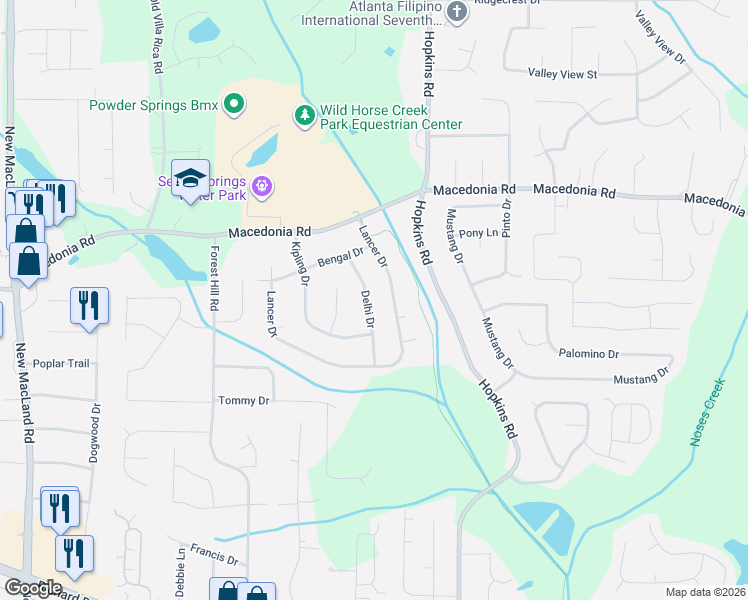 map of restaurants, bars, coffee shops, grocery stores, and more near 3180 Delhi Drive in Powder Springs