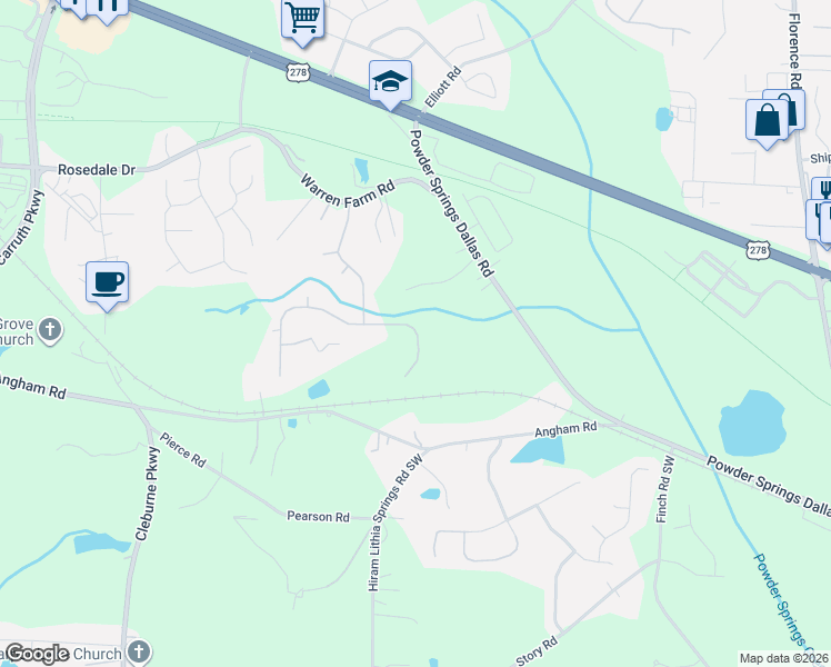 map of restaurants, bars, coffee shops, grocery stores, and more near 3256 Creek Trace East in Hiram