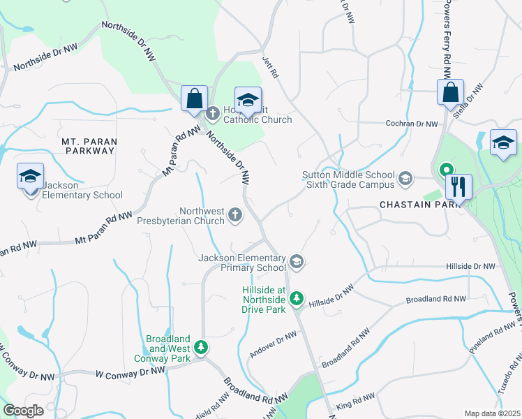 map of restaurants, bars, coffee shops, grocery stores, and more near 4210 East Conway Drive Northwest in Atlanta