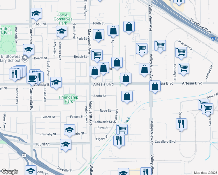 map of restaurants, bars, coffee shops, grocery stores, and more near 17409 De Oro Court in Cerritos
