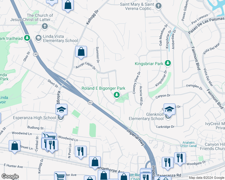 map of restaurants, bars, coffee shops, grocery stores, and more near 6112 Sandy Hill Lane in Yorba Linda