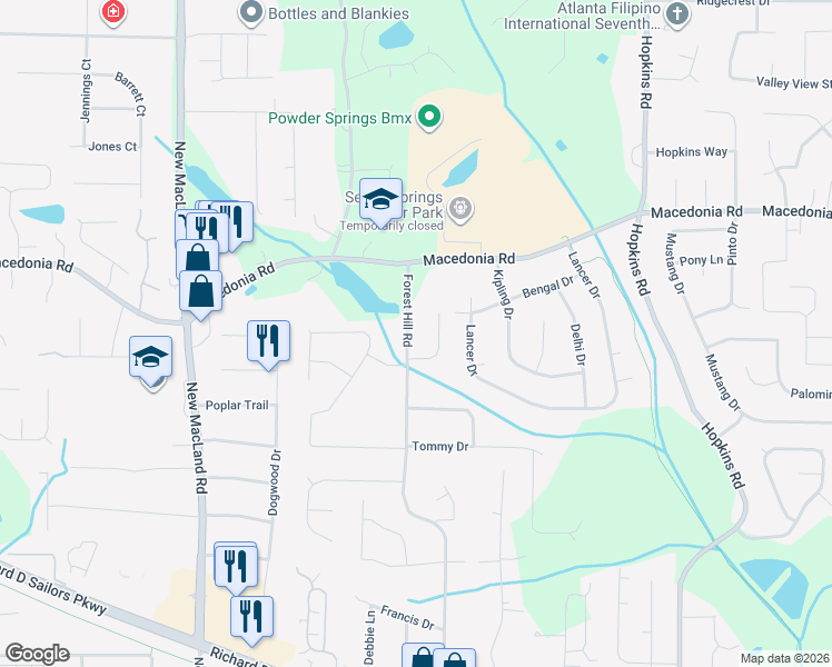 map of restaurants, bars, coffee shops, grocery stores, and more near 3321 Forest Hill Road in Powder Springs