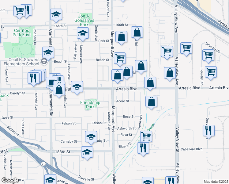 map of restaurants, bars, coffee shops, grocery stores, and more near 17405 Jasmine Way in Cerritos