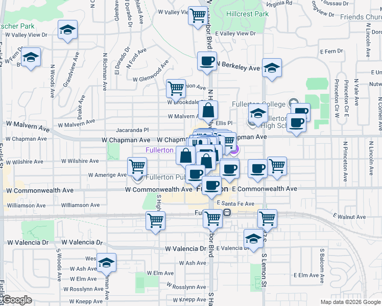 map of restaurants, bars, coffee shops, grocery stores, and more near 126 West Whiting Avenue in Fullerton