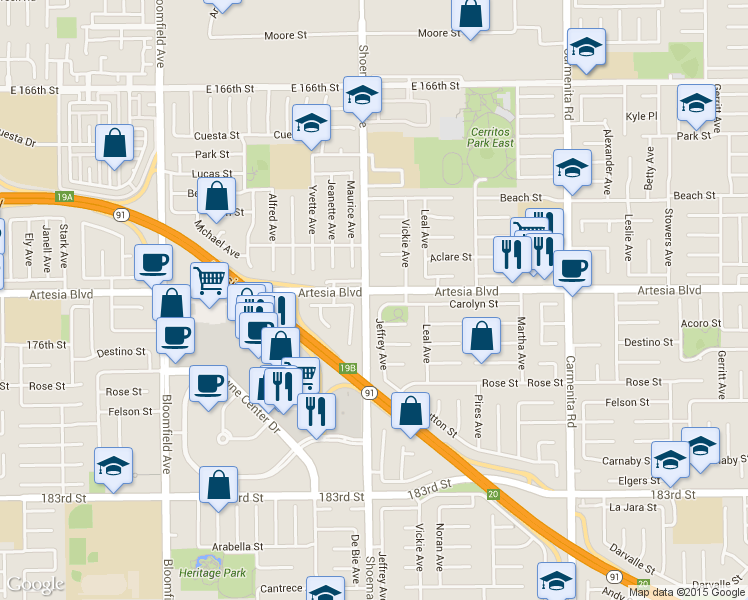 map of restaurants, bars, coffee shops, grocery stores, and more near 13010 Artesia Boulevard in Cerritos