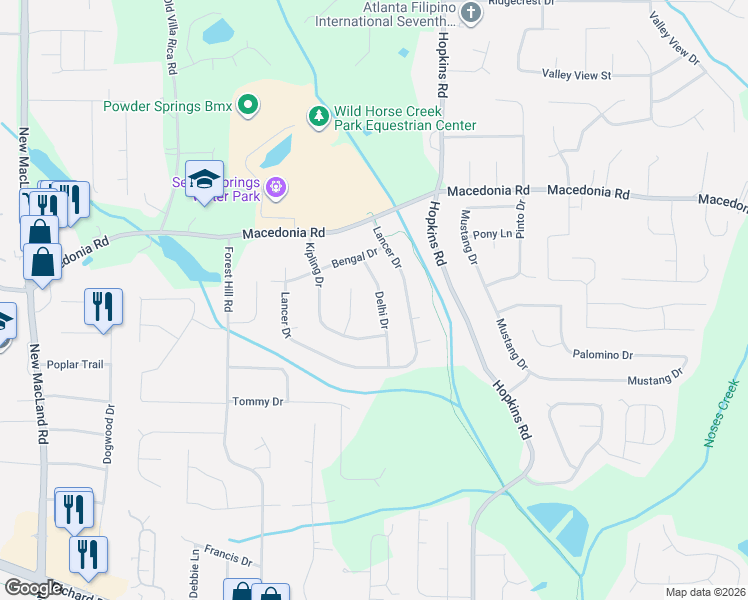 map of restaurants, bars, coffee shops, grocery stores, and more near 3180 Delhi Drive in Powder Springs