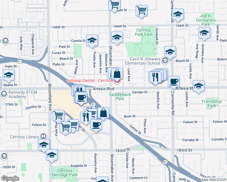 map of restaurants, bars, coffee shops, grocery stores, and more near 13010 Artesia Boulevard in Cerritos
