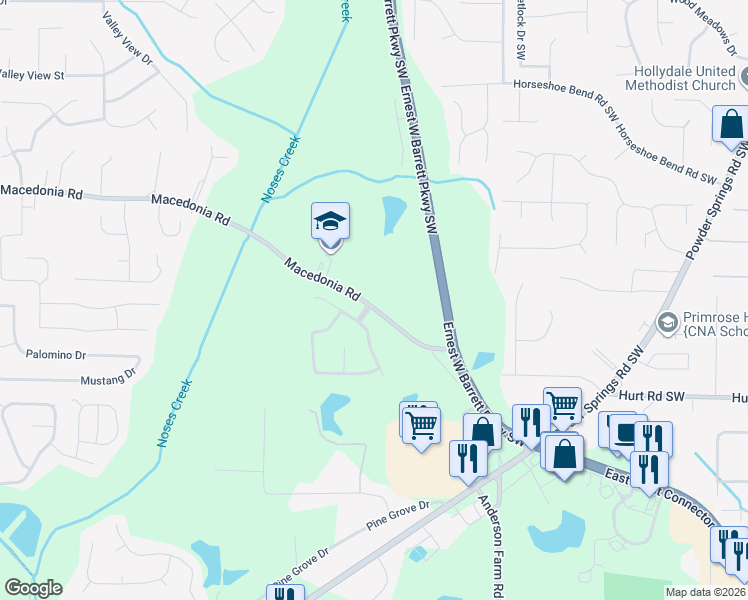 map of restaurants, bars, coffee shops, grocery stores, and more near 2870 Macedonia Road in Powder Springs