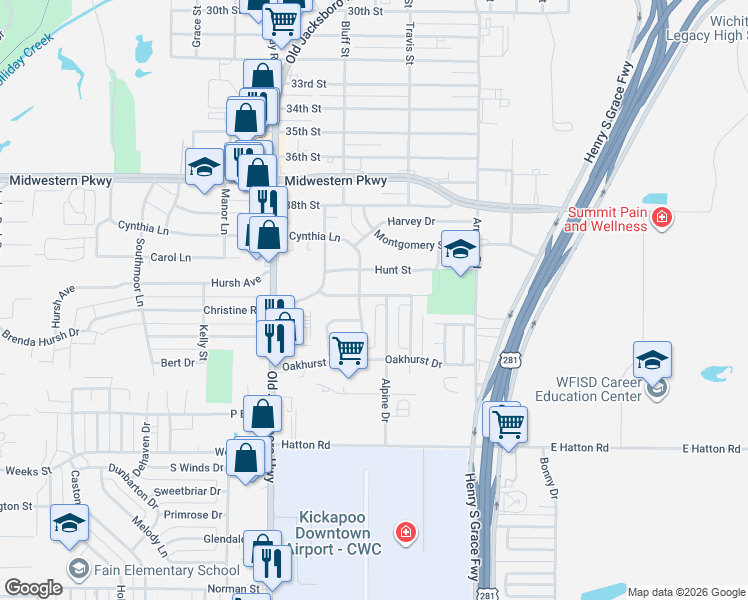 map of restaurants, bars, coffee shops, grocery stores, and more near 1311 Christine Road in Wichita Falls