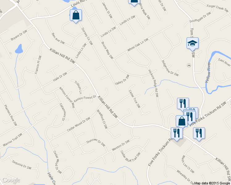 map of restaurants, bars, coffee shops, grocery stores, and more near 741 Dorsey Circle Southwest in Lilburn