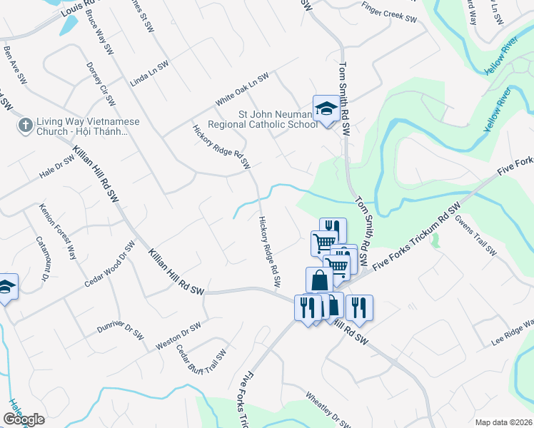map of restaurants, bars, coffee shops, grocery stores, and more near 814 Hickory Ridge Road Southwest in Lilburn